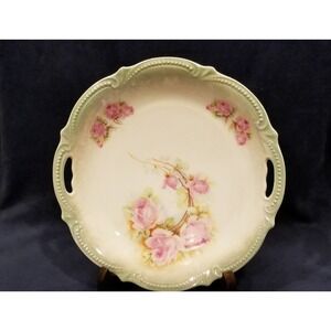 Antique PK Silesia Cake Cookie Plate w Handles Pink Roses Porcelain Platter 9.5"